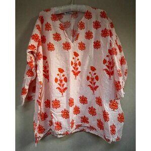 Bindu Bindi Top Womens Split Neck Striped Floral Tunic Top Large  Red Lagenlook